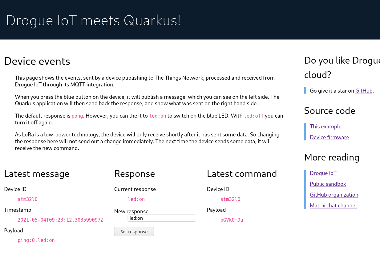 Screenshot of the Quarkus web frontend